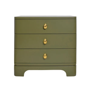 THREE DRAWER ROUNDED EDGE SIDE TABLE WITH BRASS BEETLE KNOB IN OLIVE GREEN MATTE LACQUER