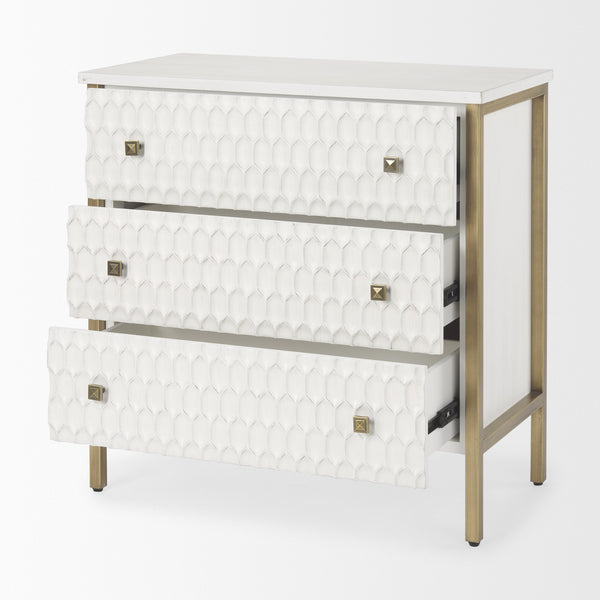 Savannah White Fir Veneer w/ Gold Metal 3-Drawer Accent Cabinet