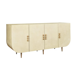 FOUR DOOR BUFFET WITH CURVED BOTTOM CORNERS AND STONE HARDWARE IN FAUX PARCHMENT