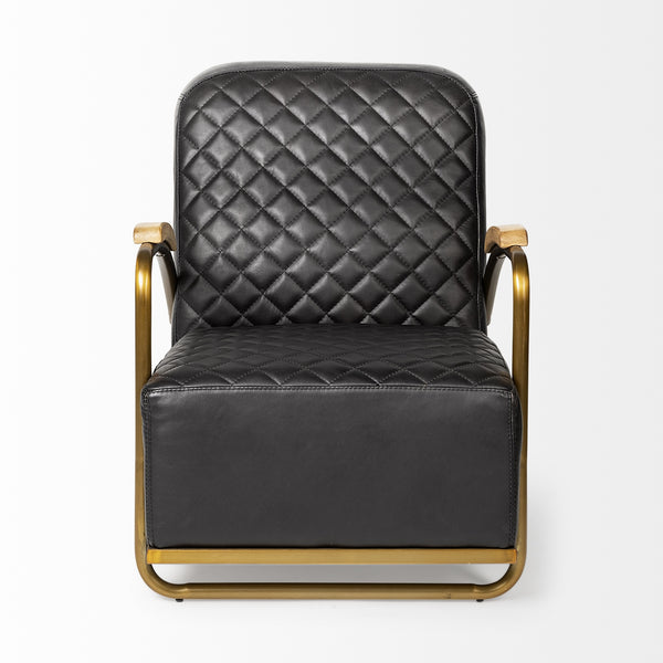 Horace I Black Leather Diamond Pattern w/Gold Iron Frame Accent Chair
