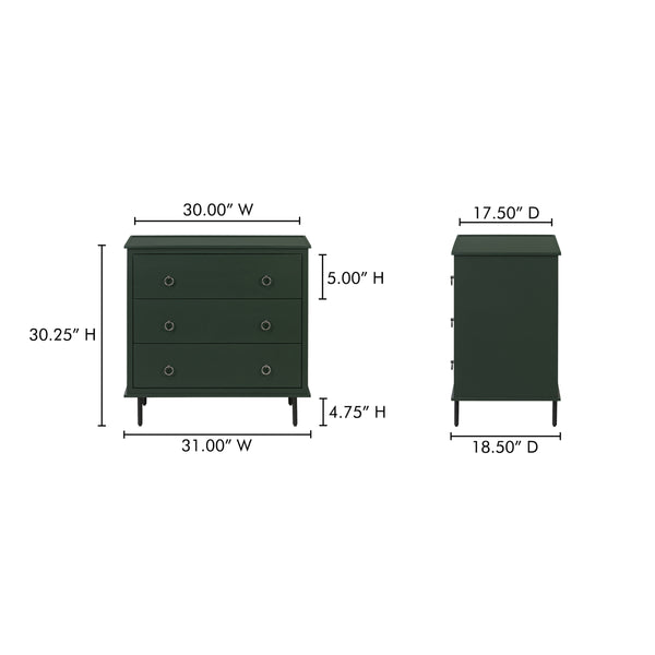 Reagan 3-Drawer Nightstand in Deep Green with Metal Handles