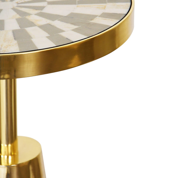 TAPERED BRASS SIDE TABLE WITH ROUND INLAID RADIAL NATURAL BONE AND RESIN TOP