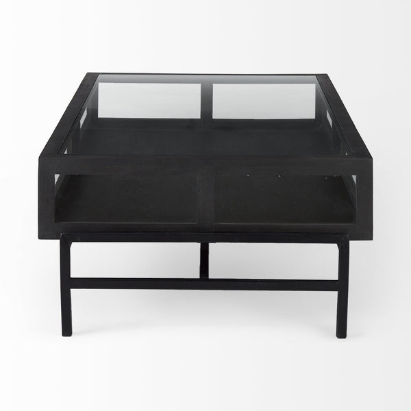 Arelius 42"L Rectangular Glass-Top Black-Brown Wood w/ Black Metal Base Display Coffee Table