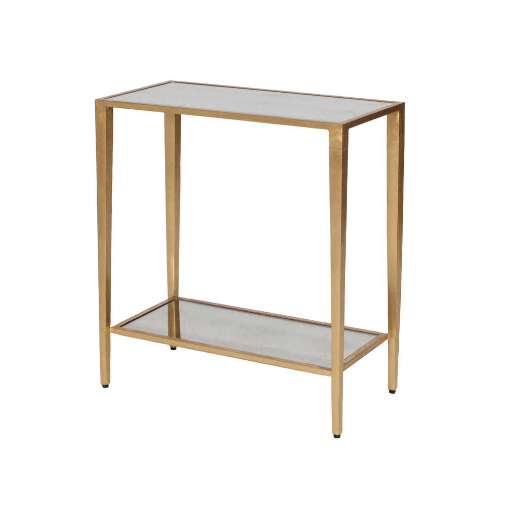 2 TIER GOLD LEAF RECT. TABLE W ANTIQUE MIRROR SHELVES