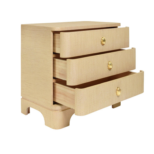 THREE DRAWER ROUNDED EDGE SIDE TABLE WITH BRASS BEETLE KNOB IN NATURAL GRASSCLOTH