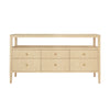 SIX DRAWER CONSOLE WITH OPEN SHELF IN NATURAL GRASSCLOTH WITH POLISHED BRASS KNOBS