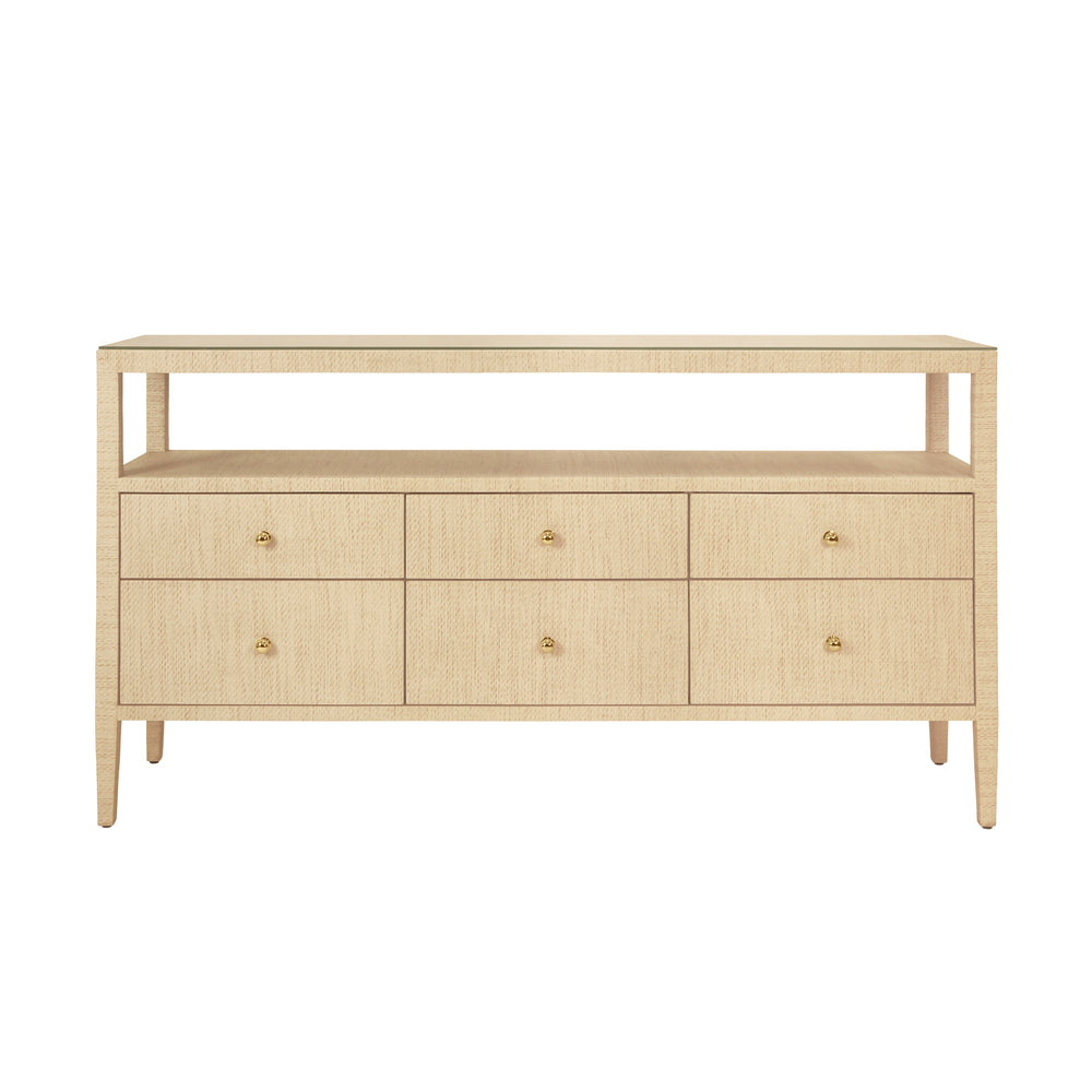 SIX DRAWER CONSOLE WITH OPEN SHELF IN NATURAL GRASSCLOTH WITH POLISHED BRASS KNOBS