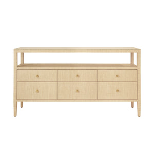 SIX DRAWER CONSOLE WITH OPEN SHELF IN NATURAL GRASSCLOTH WITH POLISHED BRASS KNOBS