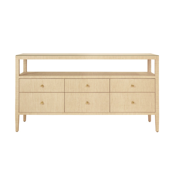 SIX DRAWER CONSOLE WITH OPEN SHELF IN NATURAL GRASSCLOTH WITH POLISHED BRASS KNOBS