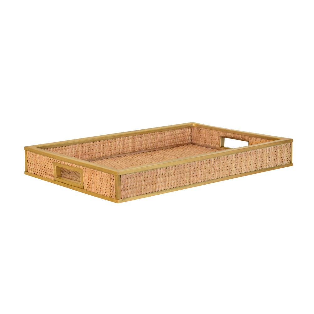 RECTANGULAR NATURAL WICKER RATTAN TRAY WITH FRAMED BRASS EDGE