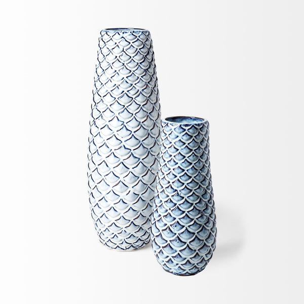 Troi II Large Blue White Fishscale Pattern Ceramic Vase