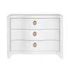 CURVED FRONT CHEST WITH THREE DRAWERS IN WHITE TEXTURED LINEN WITH SATIN BRASS RING HARDWARE