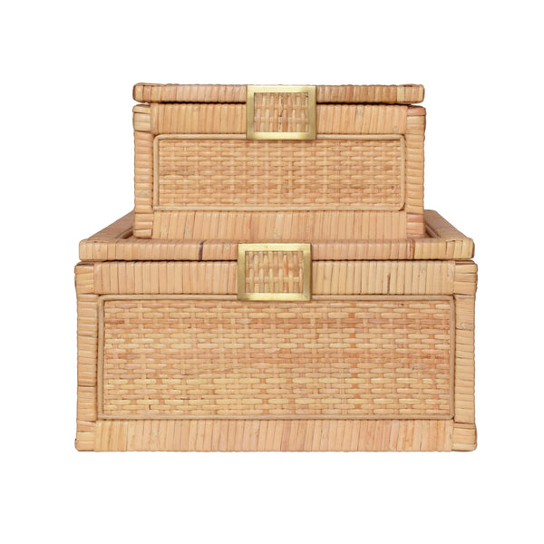 SMALL NATURAL RATTAN DECORATIVE BOX WITH BRASS FOOT CAPS