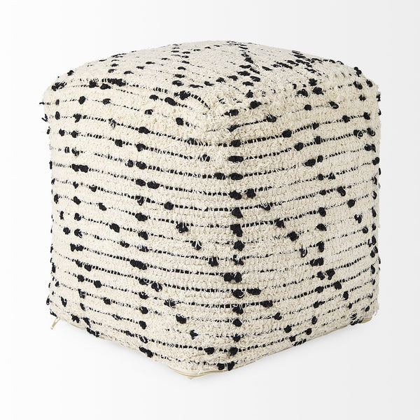 Aarohi 16.0L x 16.0W x 16.0H Cream/Black Cotton Patterned Pouf