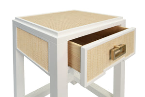ONE DRAWER SIDE TABLE WITH MATTE WHITE LACQUER FRAME AND NATURAL GRASSCLOTH DRAWER FRONTS