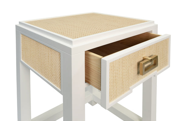 ONE DRAWER SIDE TABLE WITH MATTE WHITE LACQUER FRAME AND NATURAL GRASSCLOTH DRAWER FRONTS