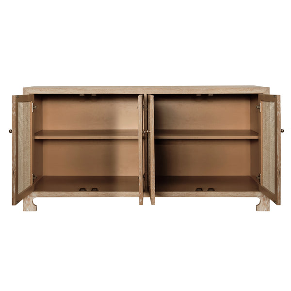 FOUR DOOR CANE CABINET WITH BRASS HARDWARE IN CERUSED OAK