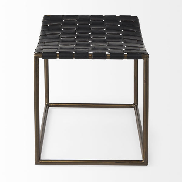 Clarissa 22.0L x 16.0W x 16.75H Black Leather Woven Seat W/ Gold Metal Frame Stool