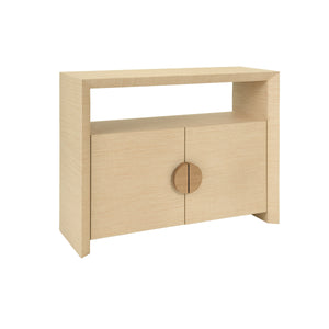 TWO DOOR CONSOLE WITH OPEN SHELF IN NATURAL GRASSCLOTH WITH CERUSED OAK HANDLES