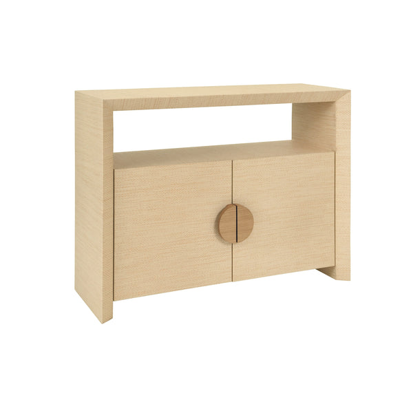 TWO DOOR CONSOLE WITH OPEN SHELF IN NATURAL GRASSCLOTH WITH CERUSED OAK HANDLES