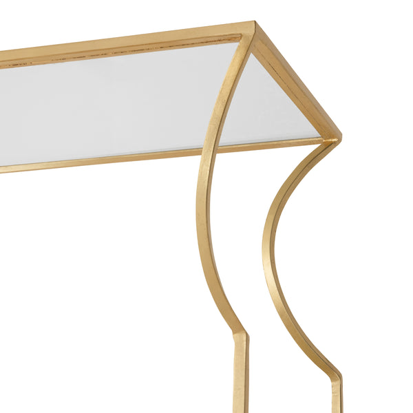 FLARED TOP ETAGERE WITH CLEAR GLASS SHELVES IN GOLD LEAF