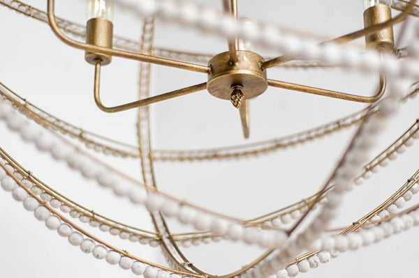 Ava White (34"D) Gold Metal and White Wood Beaded Six Bulb Chandelier