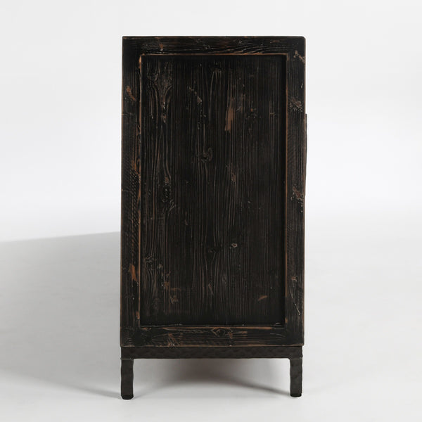 Lisbon Solid Wood 6Dr Cabinet - Weathered Black/Travertine