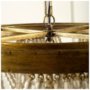 Pendra (26"x23") Gold Metal Whitewashed Wooden Bead Three Bulb Chandelier