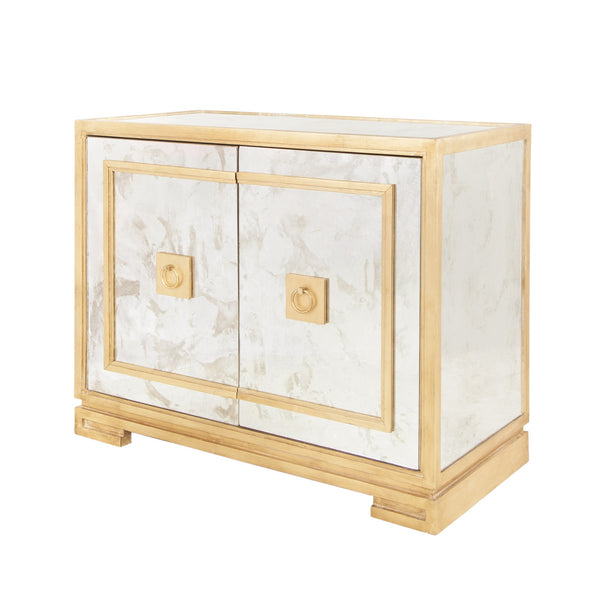 ANTQ. MIRROR & GL 2 DOOR CABINET W GREEK KEY DETAIL