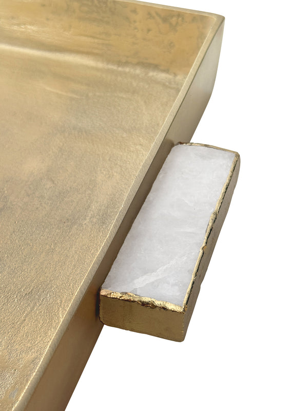 CAST METAL TRAY IN ANTIQUE BRASS FINISH WITH AGATE HANDLES