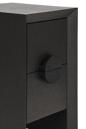 TWO DRAWER SMALL SIDE TABLE IN BLACK PAINTED GRASSCLOTH WITH BLACK OAK HANDLES