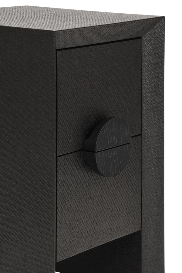TWO DRAWER SMALL SIDE TABLE IN BLACK PAINTED GRASSCLOTH WITH BLACK OAK HANDLES