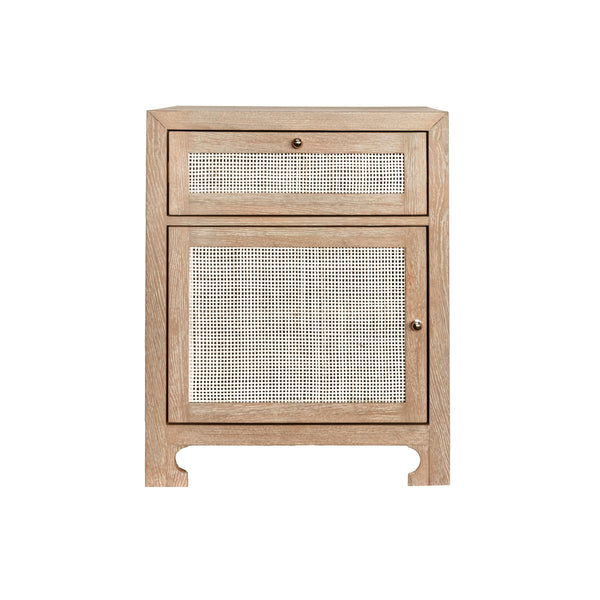 ONE DOOR CABINET WITH CANE DOOR FRONT IN CERUSED OAK