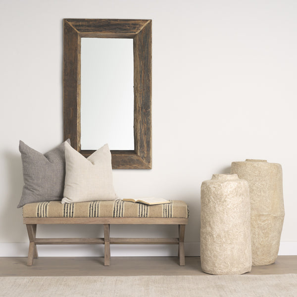 Solis 50L x 16W Brown Base Upholstered Beige/Black Stripe Seat Accent Bench