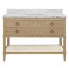 BATH VANITY IN CERUSED OAK WITH OPEN CANE SHELF, WHITE MARBLE TOP, PORCELAIN SINK, AND ANTIQUE BRASS RING HARDWARE, 48" WIDE