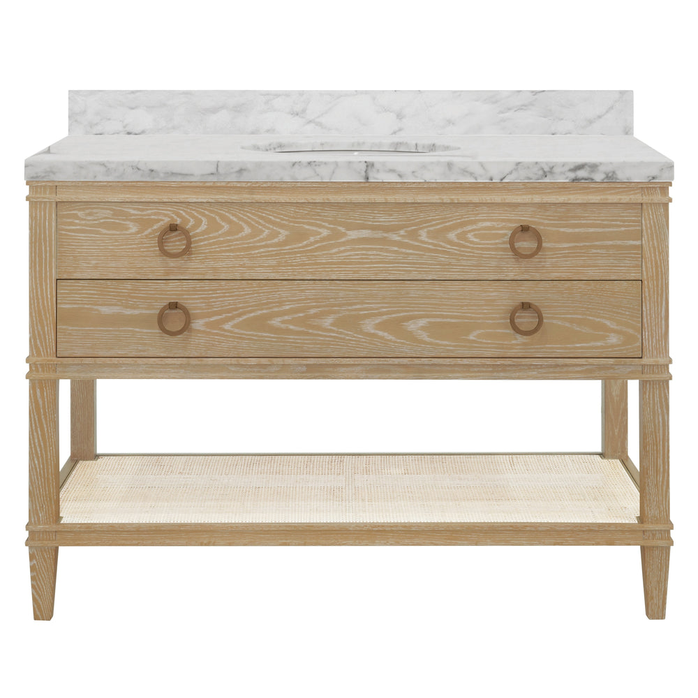 BATH VANITY IN CERUSED OAK WITH OPEN CANE SHELF, WHITE MARBLE TOP, PORCELAIN SINK, AND ANTIQUE BRASS RING HARDWARE, 48" WIDE