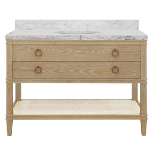 BATH VANITY IN CERUSED OAK WITH OPEN CANE SHELF, WHITE MARBLE TOP, PORCELAIN SINK, AND ANTIQUE BRASS RING HARDWARE, 48" WIDE