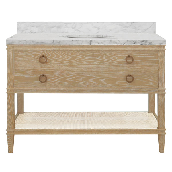 BATH VANITY IN CERUSED OAK WITH OPEN CANE SHELF, WHITE MARBLE TOP, PORCELAIN SINK, AND ANTIQUE BRASS RING HARDWARE, 48" WIDE
