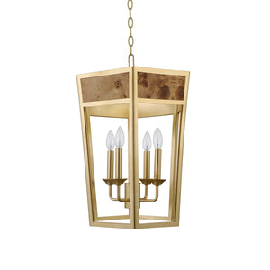 4-LIGHT HEXAGON PENDANT WITH GOLD METAL FRAME AND INSET BURL WOOD