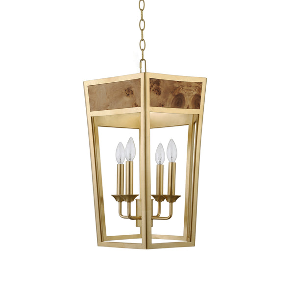 4-LIGHT HEXAGON PENDANT WITH GOLD METAL FRAME AND INSET BURL WOOD