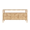 SIX DRAWER CONSOLE WITH OPEN SHELF IN BURL WOOD WITH POLISHED BRASS KNOBS