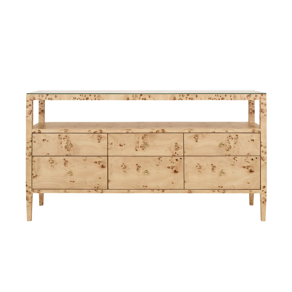 SIX DRAWER CONSOLE WITH OPEN SHELF IN BURL WOOD WITH POLISHED BRASS KNOBS