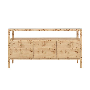 SIX DRAWER CONSOLE WITH OPEN SHELF IN BURL WOOD WITH POLISHED BRASS KNOBS