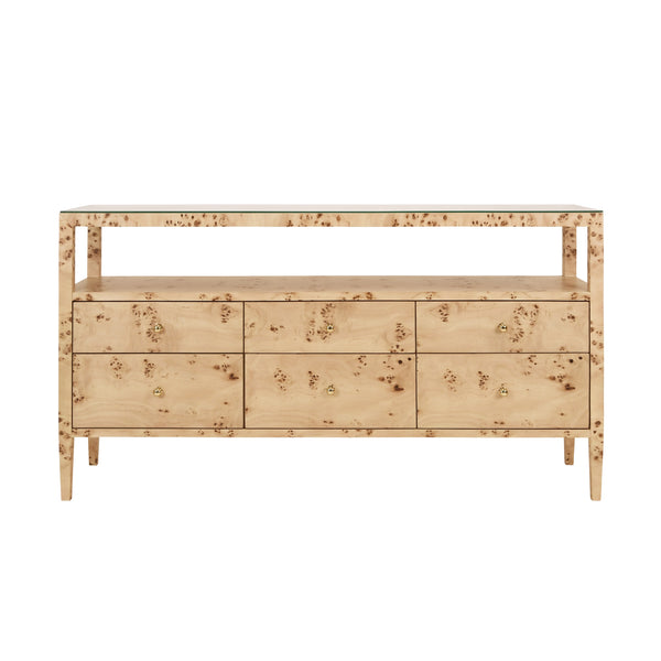 SIX DRAWER CONSOLE WITH OPEN SHELF IN BURL WOOD WITH POLISHED BRASS KNOBS