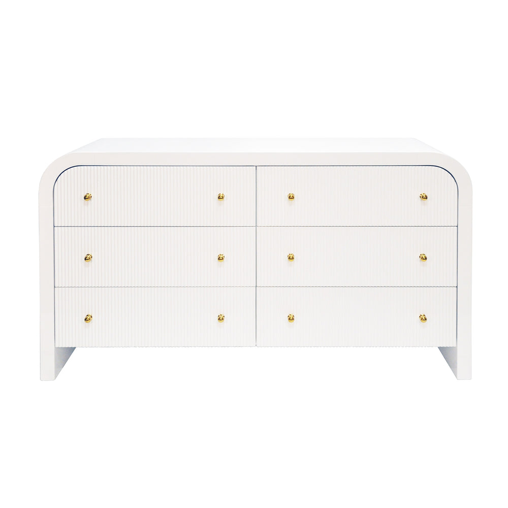 WATERFALL EDGE CHEST WITH FLUTED DRAWER FRONT IN WHITE LACQUER