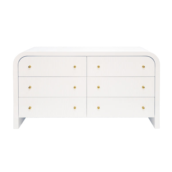 WATERFALL EDGE CHEST WITH FLUTED DRAWER FRONT IN WHITE LACQUER