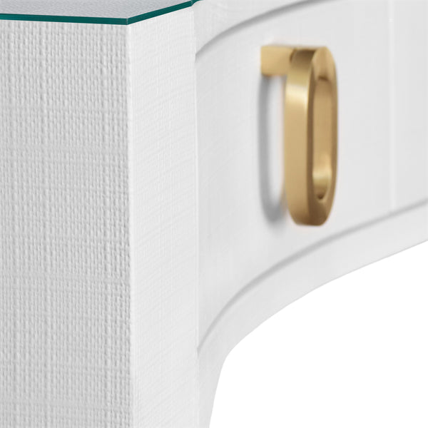 CURVED FRONT DESK WITH THREE DRAWERS IN WHITE TEXTURED LINEN WITH SATIN BRASS RING HARDWARE AND GLASS TOP