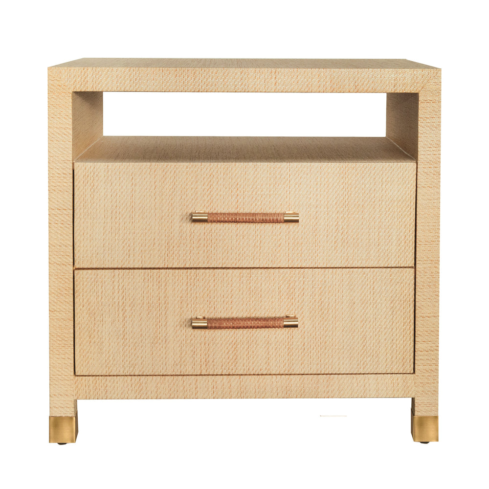 TWO DRAWER SIDE TABLE WITH RATTAN WRAPPED HANDLES IN NATURAL GRASSCLOTH
