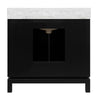 BATH VANITY IN MATTE BLACK LACQUER WITH ANTIQUE BRASS CIRCLE HARDWARE, WHITE MARBLE TOP, AND PORCELAIN SINK