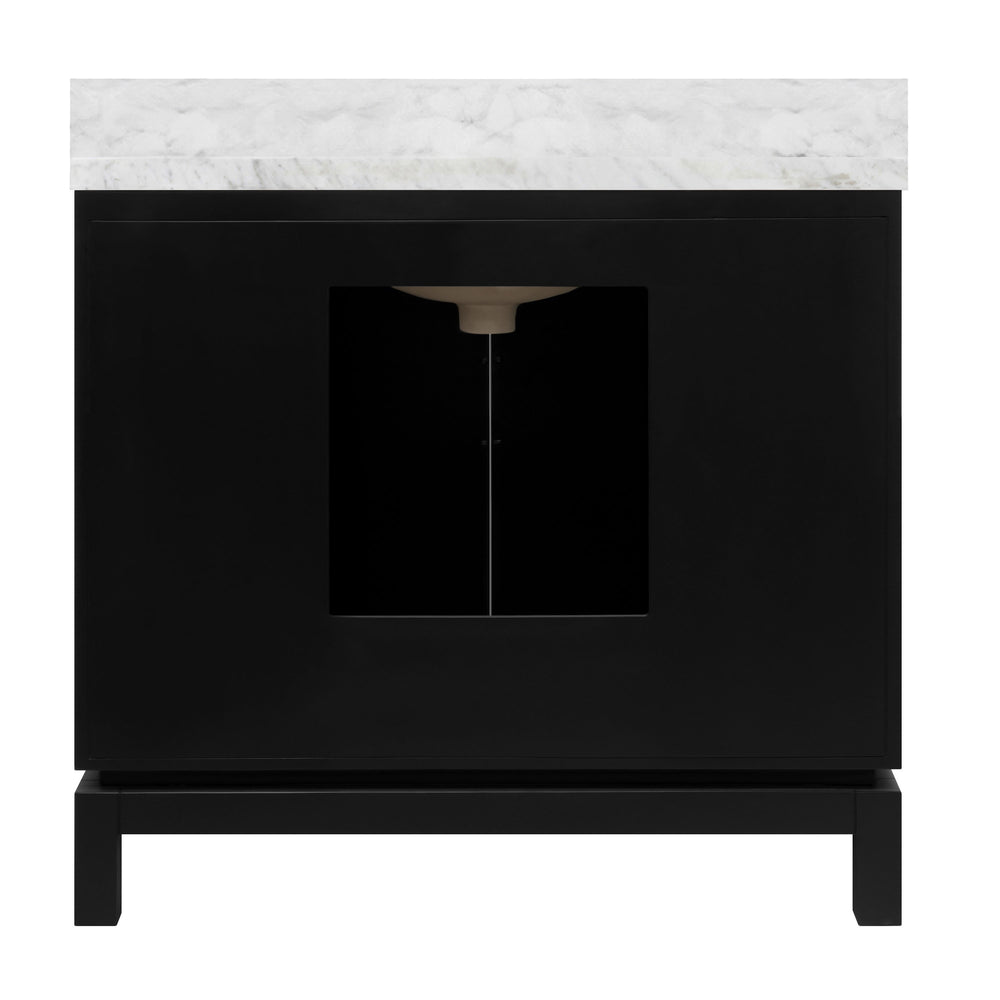 BATH VANITY IN MATTE BLACK LACQUER WITH ANTIQUE BRASS CIRCLE HARDWARE, WHITE MARBLE TOP, AND PORCELAIN SINK